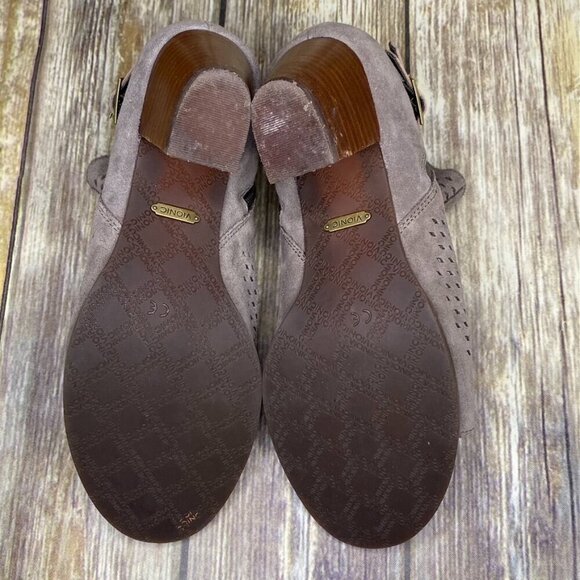 Vionic Women's  Size 7.5 Chryssa Taupe Suede Peep Toe Cone Heel Ankle Booties - Picture 10 of 11